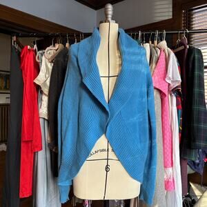 Jennifer Tyler Knit Couture Blue Cashmere Cardigan Sweater Large Shawl *FLAW*